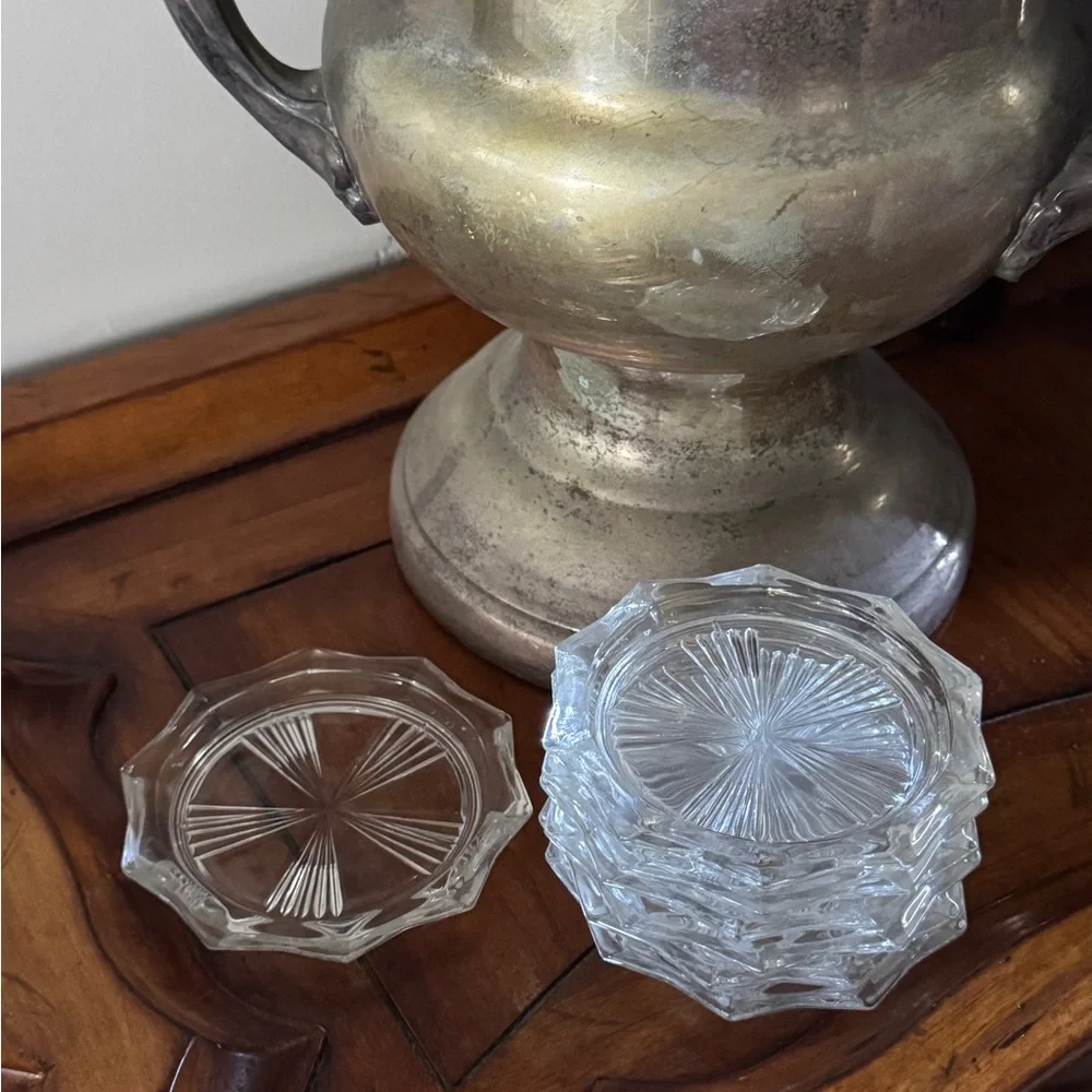 Vintage Barware Coaster Set Reims French Crystal Sunburst Cottagecore